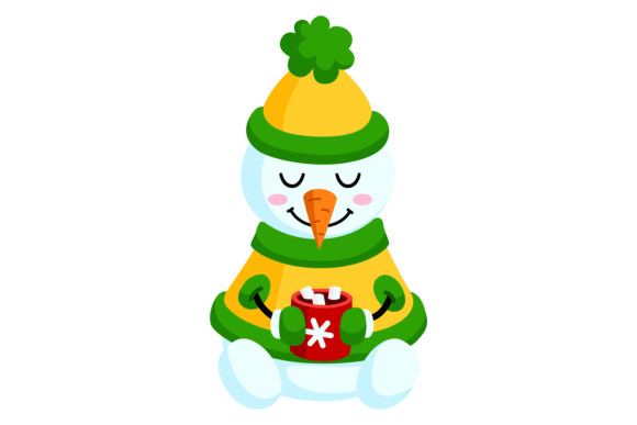 Cozy Snowman with Hot Cocoa Cup. Happy W
