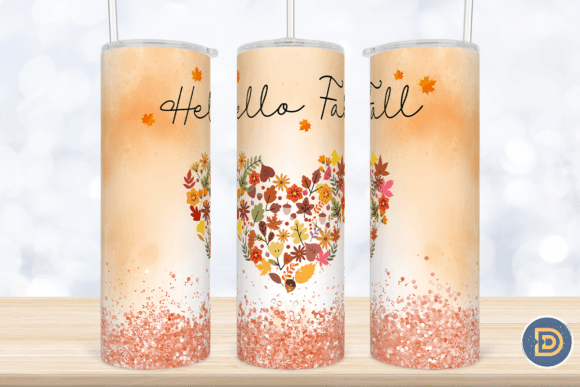 Hello Fall Glitter Heart Tumbler Wrap