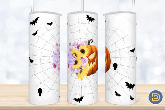 Spider Web Pumpkin Flower Tumbler Wrap